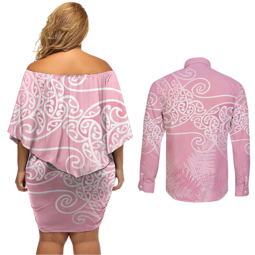 Aotearoa Maori Koru Curves Couples Matching Off Shoulder Short Dress and Long Sleeve Button Shirt Silver Ferns - Rose Pink