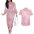 Aotearoa Maori Koru Curves Couples Matching Off The Shoulder Long Sleeve Dress and Hawaiian Shirt Silver Ferns - Rose Pink