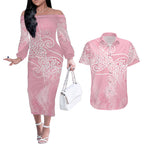 Aotearoa Maori Koru Curves Couples Matching Off The Shoulder Long Sleeve Dress and Hawaiian Shirt Silver Ferns - Rose Pink