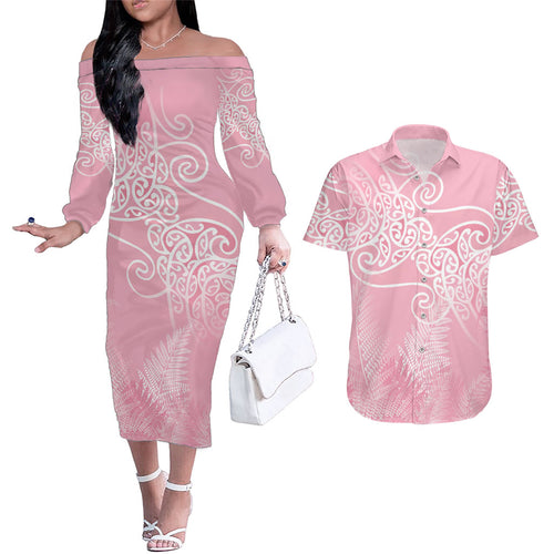 Aotearoa Maori Koru Curves Couples Matching Off The Shoulder Long Sleeve Dress and Hawaiian Shirt Silver Ferns - Rose Pink