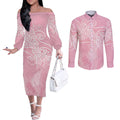 Aotearoa Maori Koru Curves Couples Matching Off The Shoulder Long Sleeve Dress and Long Sleeve Button Shirt Silver Ferns - Rose Pink
