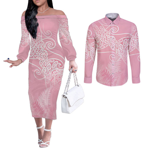Aotearoa Maori Koru Curves Couples Matching Off The Shoulder Long Sleeve Dress and Long Sleeve Button Shirt Silver Ferns - Rose Pink