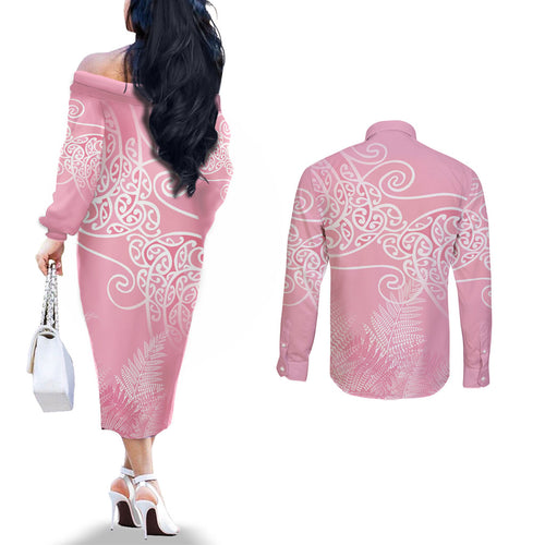 Aotearoa Maori Koru Curves Couples Matching Off The Shoulder Long Sleeve Dress and Long Sleeve Button Shirt Silver Ferns - Rose Pink