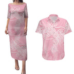 Aotearoa Maori Koru Curves Couples Matching Puletasi and Hawaiian Shirt Silver Ferns - Rose Pink