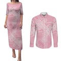 Aotearoa Maori Koru Curves Couples Matching Puletasi and Long Sleeve Button Shirt Silver Ferns - Rose Pink