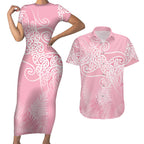 Aotearoa Maori Koru Curves Couples Matching Short Sleeve Bodycon Dress and Hawaiian Shirt Silver Ferns - Rose Pink