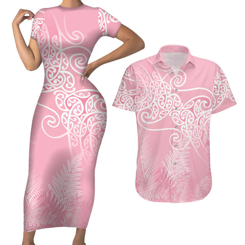 Aotearoa Maori Koru Curves Couples Matching Short Sleeve Bodycon Dress and Hawaiian Shirt Silver Ferns - Rose Pink