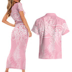 Aotearoa Maori Koru Curves Couples Matching Short Sleeve Bodycon Dress and Hawaiian Shirt Silver Ferns - Rose Pink