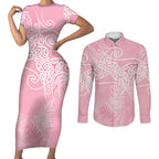 Aotearoa Maori Koru Curves Couples Matching Short Sleeve Bodycon Dress and Long Sleeve Button Shirt Silver Ferns - Rose Pink