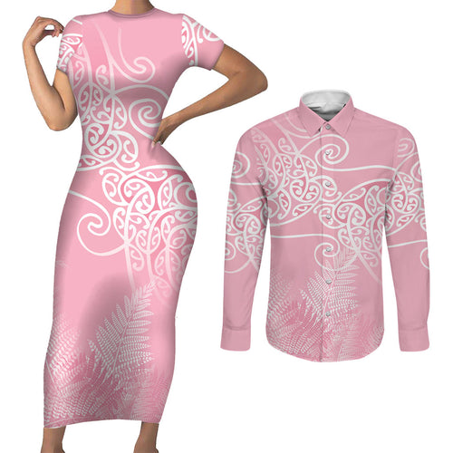 Aotearoa Maori Koru Curves Couples Matching Short Sleeve Bodycon Dress and Long Sleeve Button Shirt Silver Ferns - Rose Pink