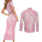 Aotearoa Maori Koru Curves Couples Matching Short Sleeve Bodycon Dress and Long Sleeve Button Shirt Silver Ferns - Rose Pink
