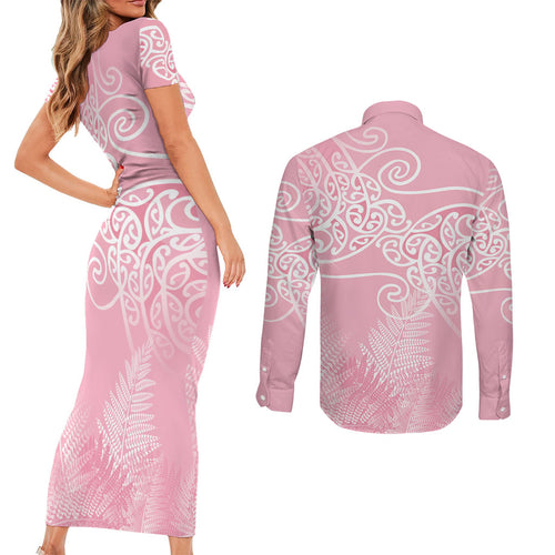 Aotearoa Maori Koru Curves Couples Matching Short Sleeve Bodycon Dress and Long Sleeve Button Shirt Silver Ferns - Rose Pink