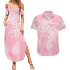 Aotearoa Maori Koru Curves Couples Matching Summer Maxi Dress and Hawaiian Shirt Silver Ferns - Rose Pink