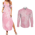 Aotearoa Maori Koru Curves Couples Matching Summer Maxi Dress and Long Sleeve Button Shirt Silver Ferns - Rose Pink