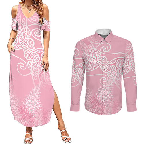 Aotearoa Maori Koru Curves Couples Matching Summer Maxi Dress and Long Sleeve Button Shirt Silver Ferns - Rose Pink