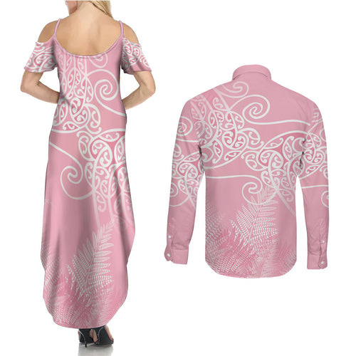 Aotearoa Maori Koru Curves Couples Matching Summer Maxi Dress and Long Sleeve Button Shirt Silver Ferns - Rose Pink