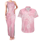 Aotearoa Maori Koru Curves Couples Matching Tank Maxi Dress and Hawaiian Shirt Silver Ferns - Rose Pink