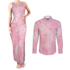 Aotearoa Maori Koru Curves Couples Matching Tank Maxi Dress and Long Sleeve Button Shirt Silver Ferns - Rose Pink