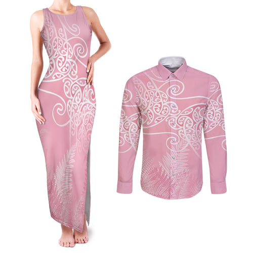 Aotearoa Maori Koru Curves Couples Matching Tank Maxi Dress and Long Sleeve Button Shirt Silver Ferns - Rose Pink
