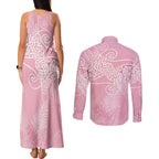 Aotearoa Maori Koru Curves Couples Matching Tank Maxi Dress and Long Sleeve Button Shirt Silver Ferns - Rose Pink