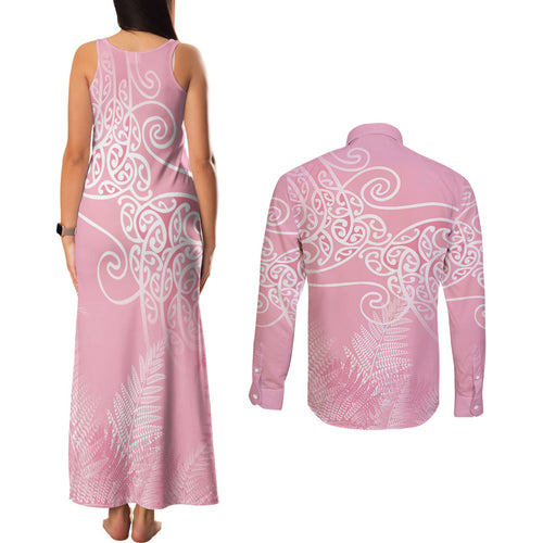 Aotearoa Maori Koru Curves Couples Matching Tank Maxi Dress and Long Sleeve Button Shirt Silver Ferns - Rose Pink
