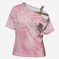 Aotearoa Maori Koru Curves Cross Shoulder Shirt Silver Ferns - Rose Pink
