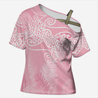 Aotearoa Maori Koru Curves Cross Shoulder Shirt Silver Ferns - Rose Pink