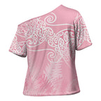 Aotearoa Maori Koru Curves Cross Shoulder Shirt Silver Ferns - Rose Pink