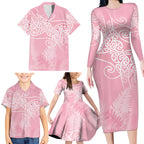 Aotearoa Maori Koru Curves Family Matching Long Sleeve Bodycon Dress and Hawaiian Shirt Silver Ferns - Rose Pink