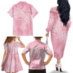Aotearoa Maori Koru Curves Family Matching Off The Shoulder Long Sleeve Dress and Hawaiian Shirt Silver Ferns - Rose Pink