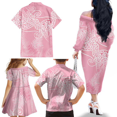 Aotearoa Maori Koru Curves Family Matching Off The Shoulder Long Sleeve Dress and Hawaiian Shirt Silver Ferns - Rose Pink