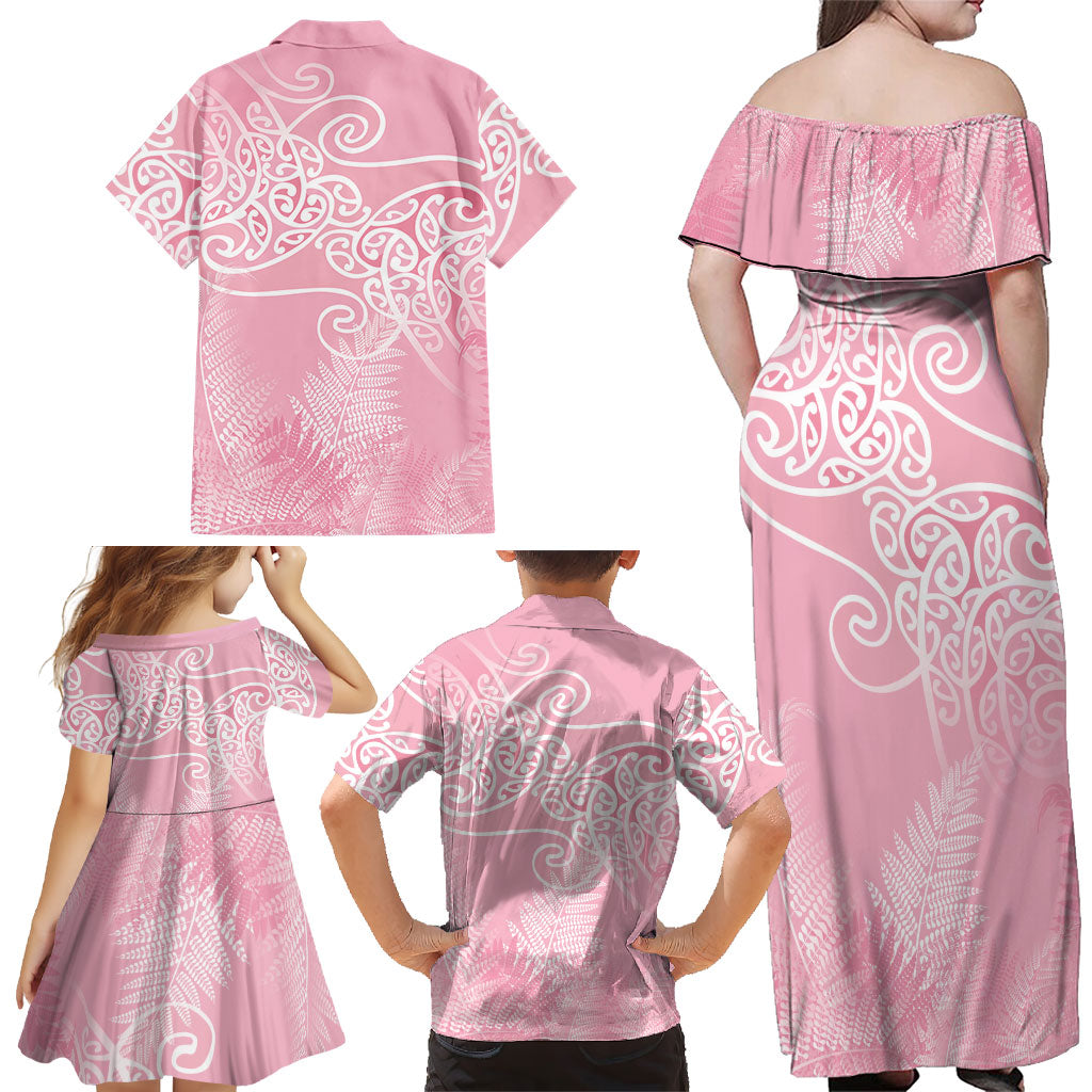Aotearoa Maori Koru Curves Family Matching Off Shoulder Maxi Dress and Hawaiian Shirt Silver Ferns - Rose Pink