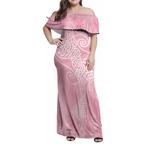 Aotearoa Maori Koru Curves Family Matching Off Shoulder Maxi Dress and Hawaiian Shirt Silver Ferns - Rose Pink