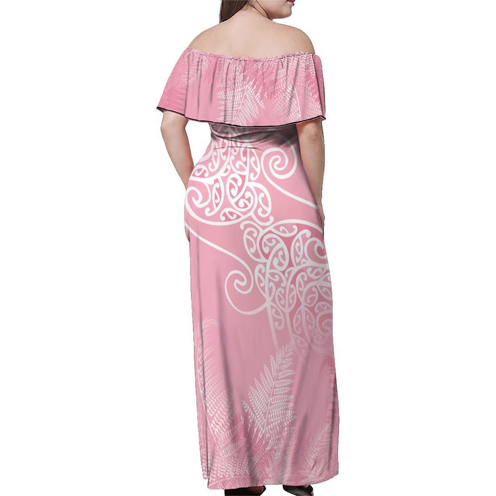 Aotearoa Maori Koru Curves Family Matching Off Shoulder Maxi Dress and Hawaiian Shirt Silver Ferns - Rose Pink