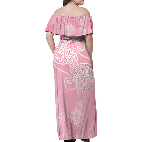 Aotearoa Maori Koru Curves Family Matching Off Shoulder Maxi Dress and Hawaiian Shirt Silver Ferns - Rose Pink