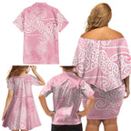 Aotearoa Maori Koru Curves Family Matching Off Shoulder Short Dress and Hawaiian Shirt Silver Ferns - Rose Pink