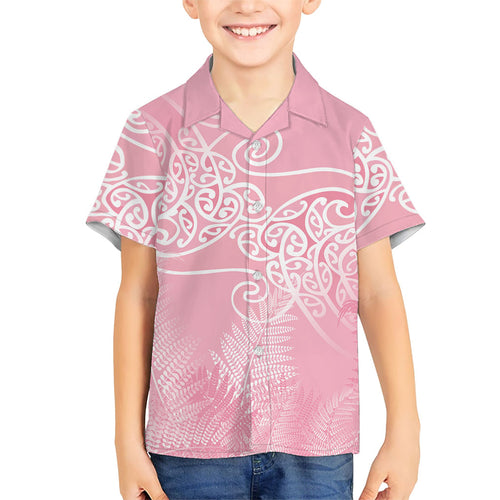 Aotearoa Maori Koru Curves Family Matching Off Shoulder Short Dress and Hawaiian Shirt Silver Ferns - Rose Pink