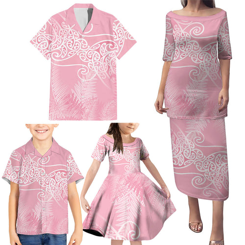Aotearoa Maori Koru Curves Family Matching Puletasi and Hawaiian Shirt Silver Ferns - Rose Pink