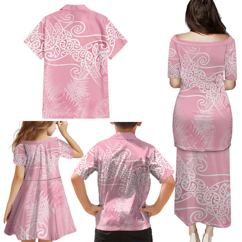 Aotearoa Maori Koru Curves Family Matching Puletasi and Hawaiian Shirt Silver Ferns - Rose Pink