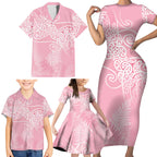 Aotearoa Maori Koru Curves Family Matching Short Sleeve Bodycon Dress and Hawaiian Shirt Silver Ferns - Rose Pink