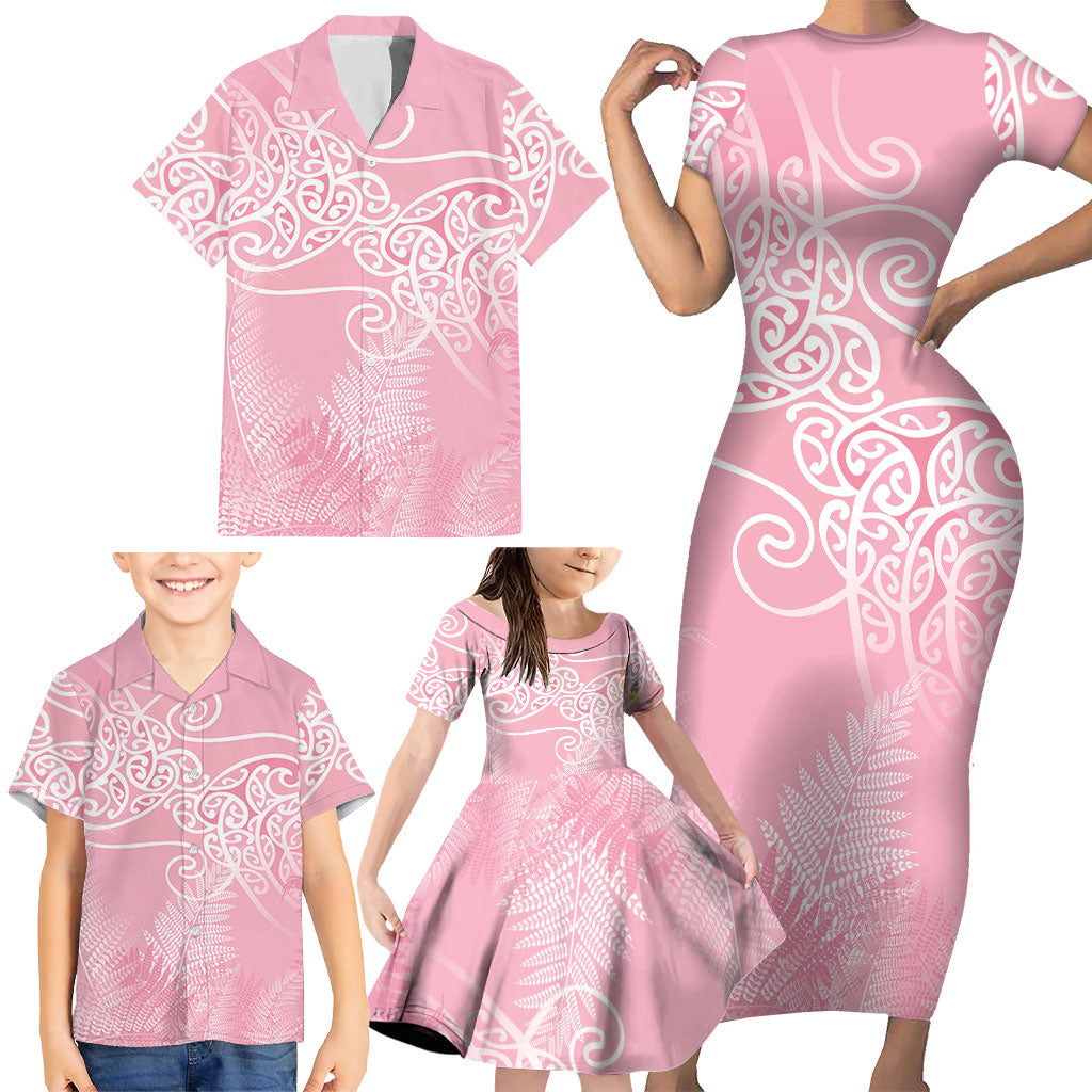 Aotearoa Maori Koru Curves Family Matching Short Sleeve Bodycon Dress and Hawaiian Shirt Silver Ferns - Rose Pink