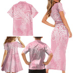 Aotearoa Maori Koru Curves Family Matching Short Sleeve Bodycon Dress and Hawaiian Shirt Silver Ferns - Rose Pink