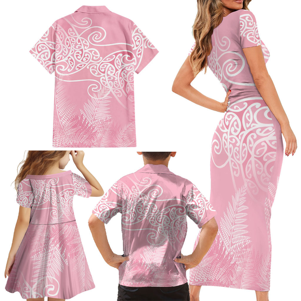 Aotearoa Maori Koru Curves Family Matching Short Sleeve Bodycon Dress and Hawaiian Shirt Silver Ferns - Rose Pink