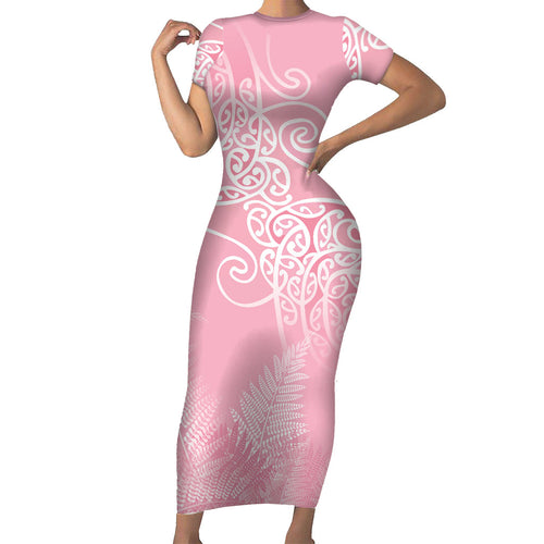 Aotearoa Maori Koru Curves Family Matching Short Sleeve Bodycon Dress and Hawaiian Shirt Silver Ferns - Rose Pink