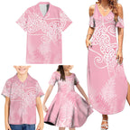 Aotearoa Maori Koru Curves Family Matching Summer Maxi Dress and Hawaiian Shirt Silver Ferns - Rose Pink