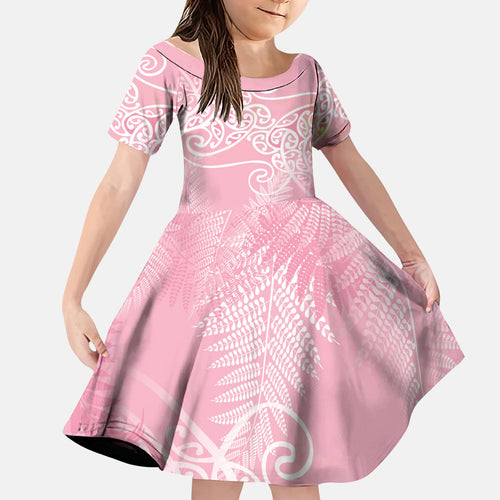 Aotearoa Maori Koru Curves Family Matching Summer Maxi Dress and Hawaiian Shirt Silver Ferns - Rose Pink