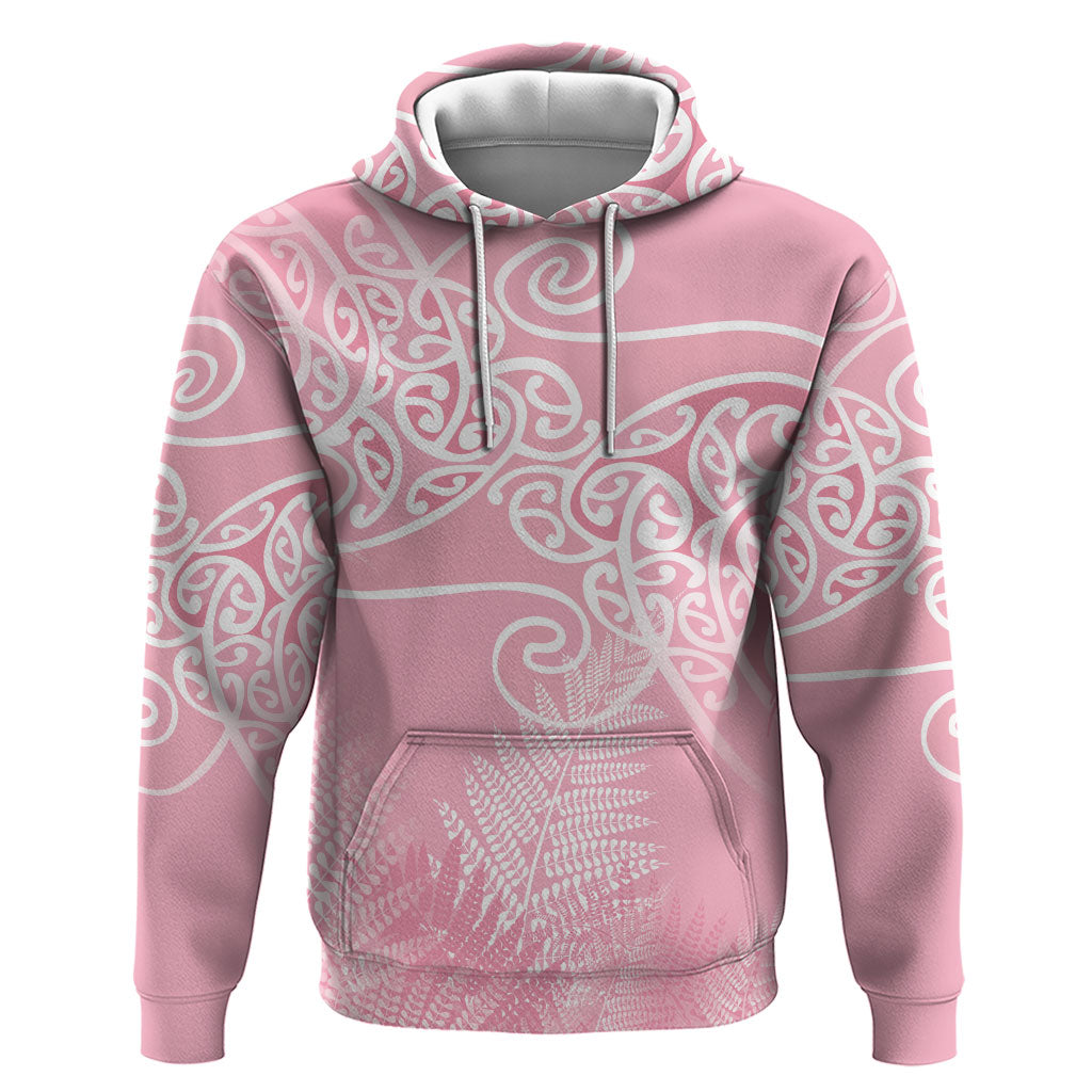 Aotearoa Maori Koru Curves Hoodie Silver Ferns - Rose Pink