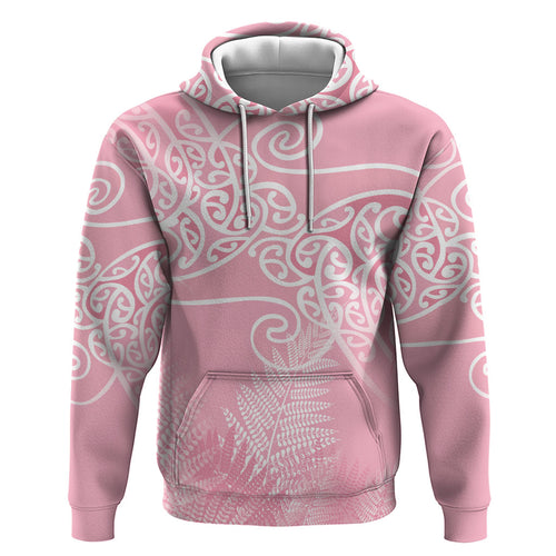Aotearoa Maori Koru Curves Hoodie Silver Ferns - Rose Pink