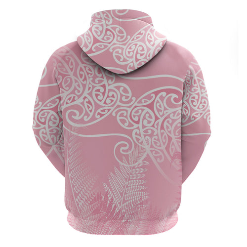 Aotearoa Maori Koru Curves Hoodie Silver Ferns - Rose Pink