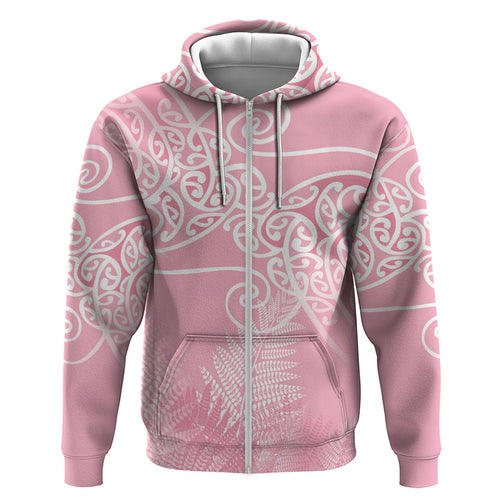 Aotearoa Maori Koru Curves Hoodie Silver Ferns - Rose Pink